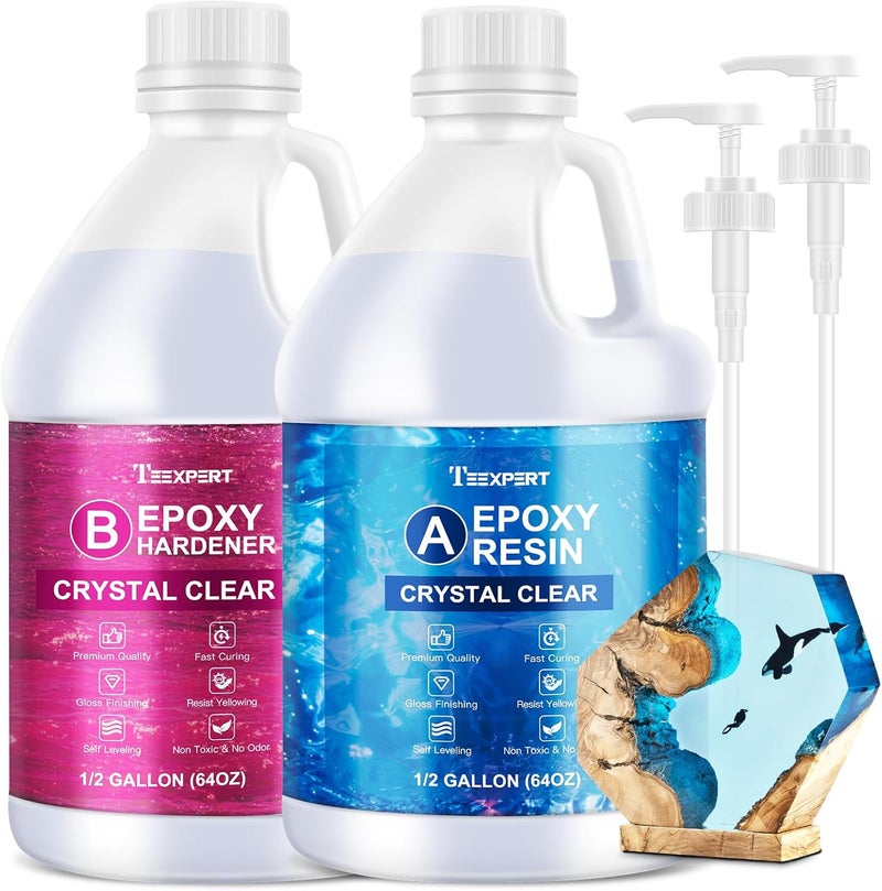 Teexpert Crystal Clear Epoxy Resin Kit 1 Gallon Self-Leveling Coating and Casting Resin, High-Gloss & Bubbles Free Resin and Hardener Kit for DIY Art, Jewelry, Table Top, Molds, Wood 1:1 Ratio - Image 1